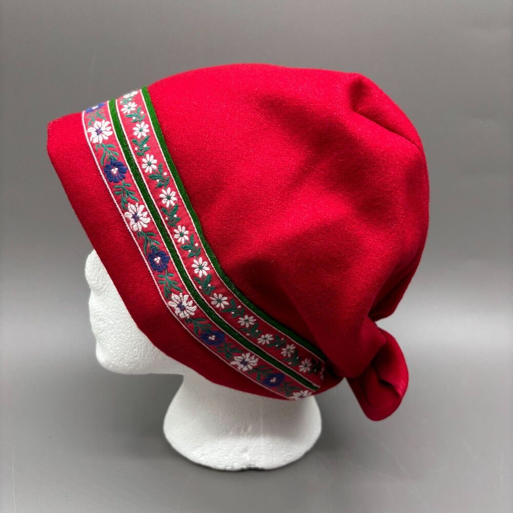 Vintage Scandinavian Folk Hat Red Wool Bonnet Floral Trim Lining Ladies Cap - Picture 2 of 8